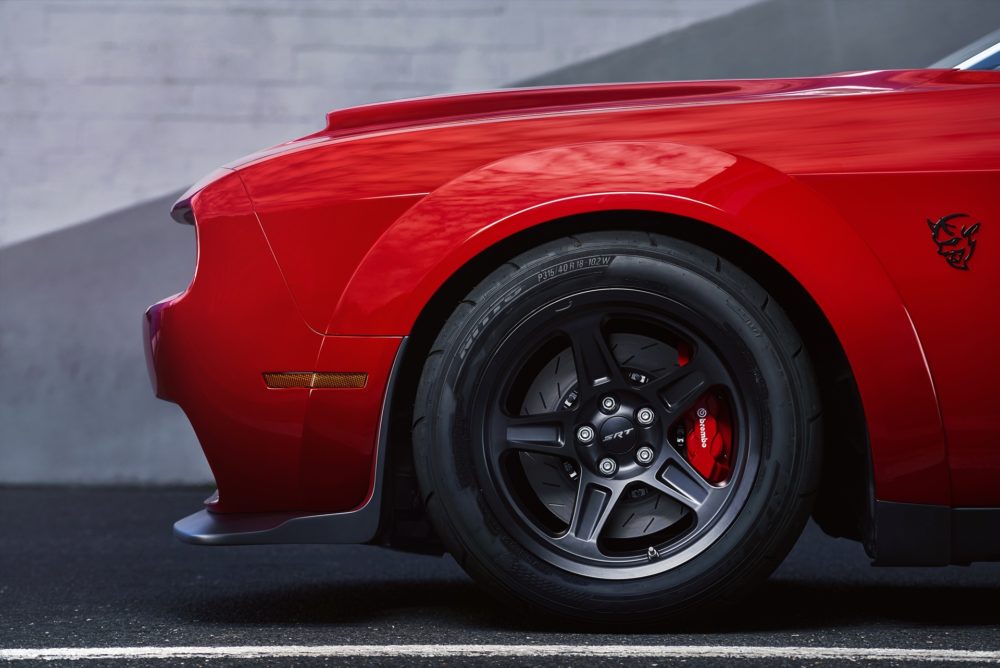 The 2018 Dodge Challenger SRT Demon is equipped with a set of four exclusive 315/40R18 Nitto NT05R street-legal drag radial tires, a first for a factory-production car.